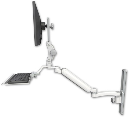 AccessMount™ Ultra 182 Arm with Paralink monitor mount mount on a 19" wall track slider, a 12" keyboard tray, and an 11" arm