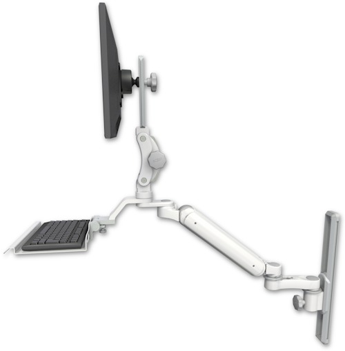 AccessMount™ Ultra 182 Arm with Paralink monitor mount mount on a 19" wall track slider, a 12" keyboard tray, and an 6" arm