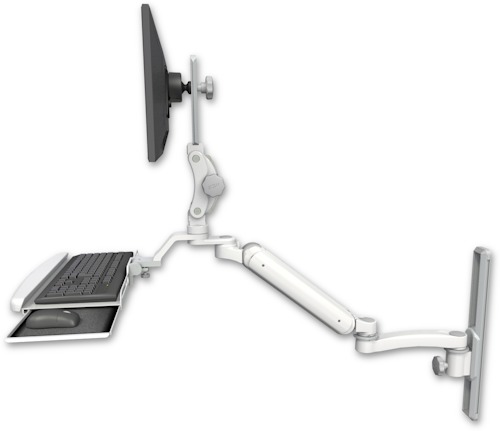 AccessMount™ Ultra 182 Arm with Paralink monitor mount mount on a 19" wall track slider, a wrist-rest keyboard tray, and an 11" arm