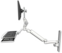 AccessMount™ Ultra 182 Arm with Paralink monitor mount mount on a 19" wall track slider, a wrist-rest keyboard tray, and an 11" arm