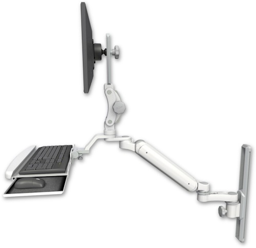 AccessMount™ Ultra 182 Arm with Paralink monitor mount mount on a 19" wall track slider, a wrist-rest keyboard tray, and an 6" arm