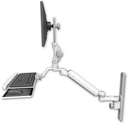 AccessMount™ Ultra 182 Arm with Paralink monitor mount mount on a 19" wall track slider, a wrist-rest keyboard tray, and an 6" arm