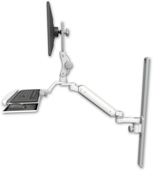 AccessMount™ Ultra 182 Arm with Paralink monitor mount mount on a 36" wall track slider, a wrist-rest keyboard tray, and an 6" arm