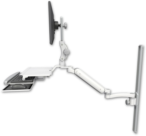 AccessMount™ Ultra 182 Arm with Paralink monitor mount mount on a 36" wall track slider, a work surface tray and slide-out keyboard tray, and an 11" arm