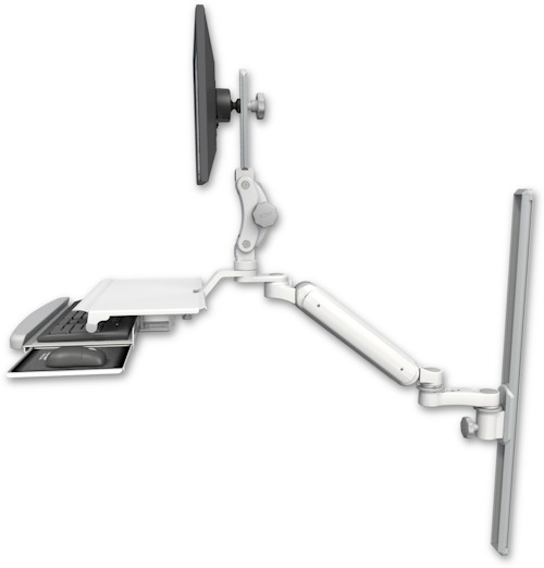 AccessMount™ Ultra 182 Arm with Paralink monitor mount mount on a 36" wall track slider, a work surface tray and slide-out keyboard tray, and an 6" arm