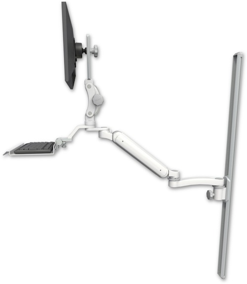 AccessMount™ Ultra 182 Arm with Paralink monitor mount mount on a 50" wall track slider, a 12" keyboard tray, and an 11" arm