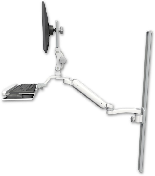 AccessMount™ Ultra 182 Arm with Paralink monitor mount mount on a 50" wall track slider, a wrist-rest keyboard tray, and an 11" arm