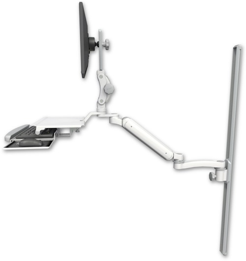 AccessMount™ Ultra 182 Arm with Paralink monitor mount mount on a 50" wall track slider, a work surface tray and slide-out keyboard tray, and an 11" arm
