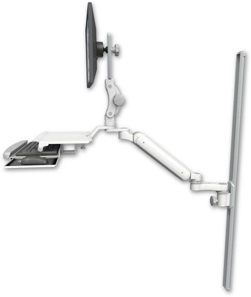 AccessMount™ Ultra 182 Arm with Paralink monitor mount mount on a 50" wall track slider, a work surface tray and slide-out keyboard tray, and an 6" arm
