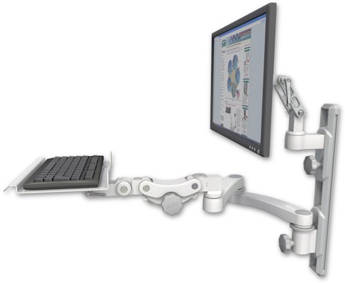 AccessMount™ Ultra 500 LCD mount on a 19" wall track with separate arms, a 12" paralink keyboard tray, and a 20" double-arm