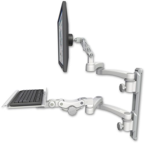 AccessMount™ Ultra 500 LCD mount on a 19" wall track with separate arms, a 12" paralink keyboard tray, and two 20" double-arms