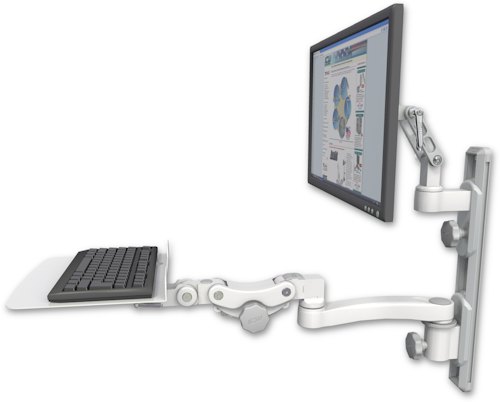 AccessMount™ Ultra 500 LCD mount on a 19" wall track with separate arms, a 12" flat paralink keyboard tray, and an 11" arm