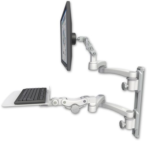 AccessMount™ Ultra 500 LCD mount on a 19" wall track with separate arms, a 12" flat paralink keyboard tray, and two 20" double-arms
