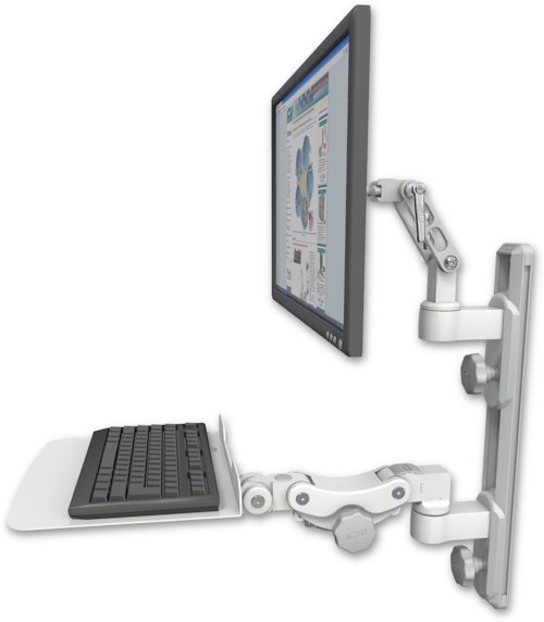 AccessMount™ Ultra 500 LCD mount on a 19" wall track with separate arms and a 12" flat paralink keyboard tray
