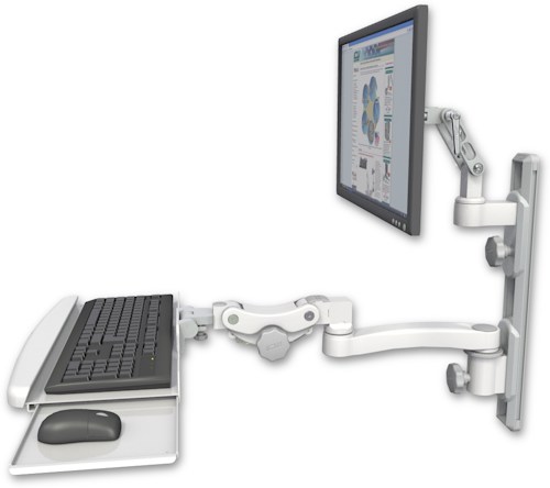 AccessMount™ Ultra 500 LCD mount on a 19" wall track with separate arms, a paralink keyboard tray w/ wrist rest bend, and an 11" arm