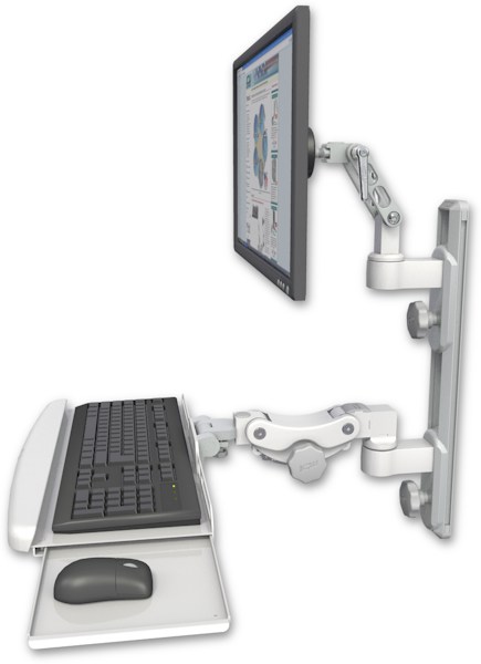 AccessMount™ Ultra 500 LCD mount on a 19" wall track with separate arms and a paralink keyboard tray w/ wrist rest bend