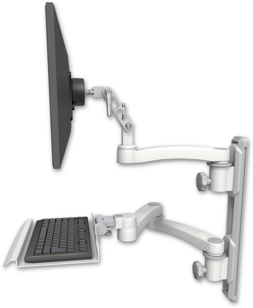 AccessMount™ Ultra 500 LCD mount on a 19" wall track with separate arms, a 12" keyboard tray, and an 11" arm and 20" double-arm
