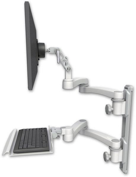 AccessMount™ Ultra 500 LCD mount on a 19" wall track with separate arms, a 12" keyboard tray, and two 20" double-arms