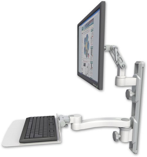 AccessMount™ Ultra 500 LCD mount on a 19" wall track with separate arms, a 12" flat keyboard tray, and an 11" arm