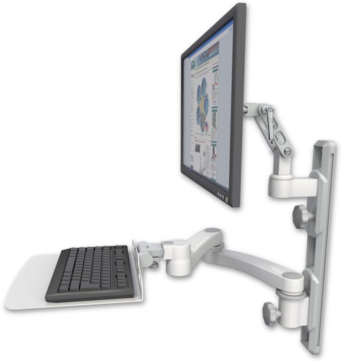 AccessMount™ Ultra 500 LCD mount on a 19" wall track with separate arms, a 12" flat keyboard tray, and a 20" double-arm