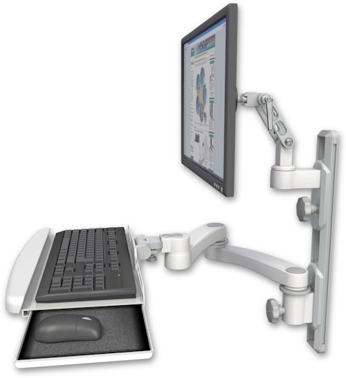AccessMount™ Ultra 500 LCD mount on a 19" wall track with separate arms, a wrist-rest keyboard tray, and a 20" double-arm