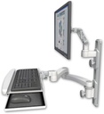 AccessMount™ Ultra 500 LCD mount on a 19" wall track with separate arms, a wrist-rest keyboard tray, and a 20" double-arm