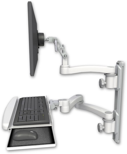AccessMount™ Ultra 500 LCD mount on a 19" wall track with separate arms, a wrist-rest keyboard tray, and an 11" arm and 20" double-arm