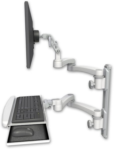 AccessMount™ Ultra 500 LCD mount on a 19" wall track with separate arms, a wrist-rest keyboard tray, and two 20" double-arms