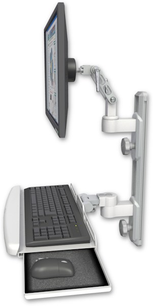 AccessMount™ Ultra 500 LCD mount on a 19" wall track with separate arms and a wrist-rest keyboard tray