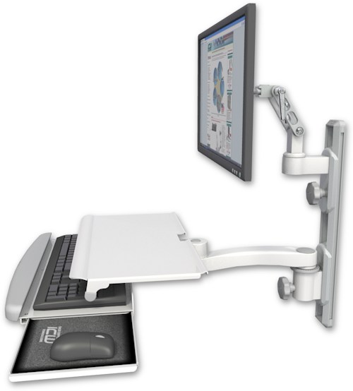 AccessMount™ Ultra 500 LCD mount on a 19" wall track with separate arms, a work surface tray and slide-out keyboard tray, and an 11" arm