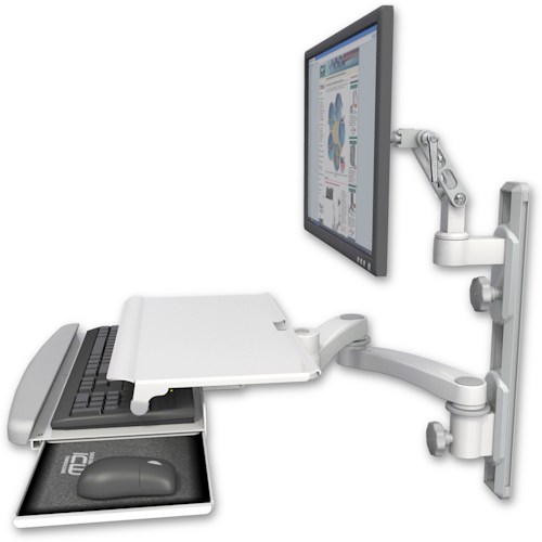 AccessMount™ Ultra 500 LCD mount on a 19" wall track with separate arms, a work surface tray and slide-out keyboard tray, and a 20" double-arm