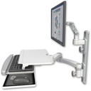 AccessMount™ Ultra 500 LCD mount on a 19" wall track with separate arms, a work surface tray and slide-out keyboard tray, and a 20" double-arm