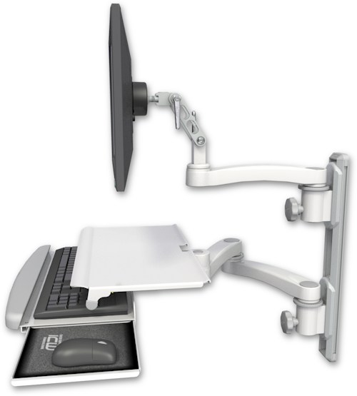 AccessMount™ Ultra 500 LCD mount on a 19" wall track with separate arms, a work surface tray and slide-out keyboard tray, and an 11" arm and 20" double-arm