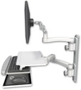 AccessMount™ Ultra 500 LCD mount on a 19" wall track with separate arms, a work surface tray and slide-out keyboard tray, and an 11" arm and 20" double-arm