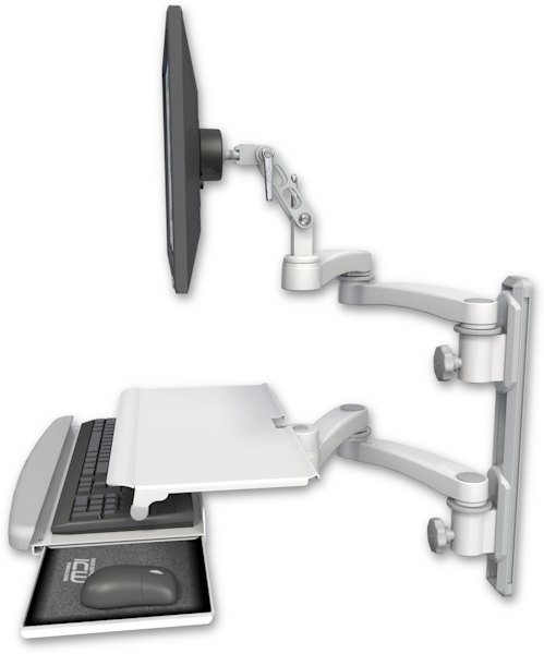 AccessMount™ Ultra 500 LCD mount on a 19" wall track with separate arms, a work surface tray and slide-out keyboard tray, and two 20" double-arms