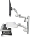 AccessMount™ Ultra 500 LCD mount on a 19" wall track with separate arms, a work surface tray and slide-out keyboard tray, and two 20" double-arms