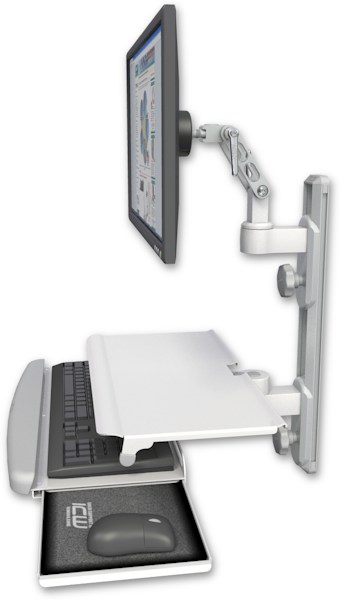AccessMount™ Ultra 500 LCD mount on a 19" wall track with separate arms and a work surface tray and slide-out keyboard tray