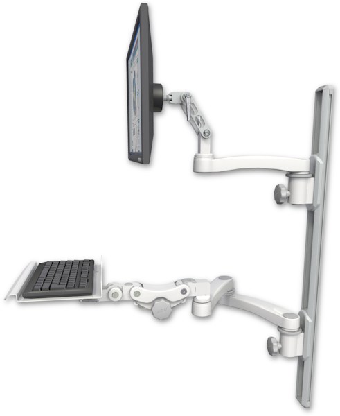 AccessMount™ Ultra 500 LCD mount on a 36" wall track with separate arms, a 12" paralink keyboard tray, and an 11" arm and 20" double-arm