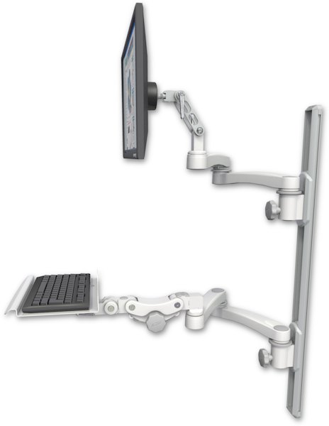AccessMount™ Ultra 500 LCD mount on a 36" wall track with separate arms, a 12" paralink keyboard tray, and two 20" double-arms