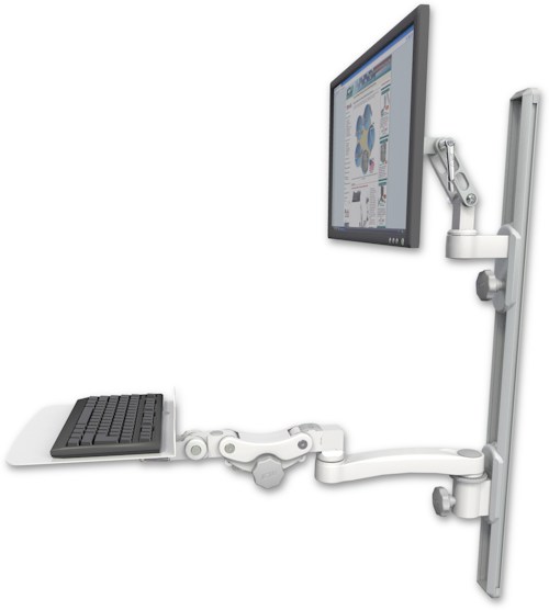 AccessMount™ Ultra 500 LCD mount on a 36" wall track with separate arms, a 12" flat paralink keyboard tray, and an 11" arm