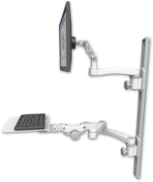 AccessMount™ Ultra 500 LCD mount on a 36" wall track with separate arms, a 12" flat paralink keyboard tray, and an 11" arm and 20" double-arm
