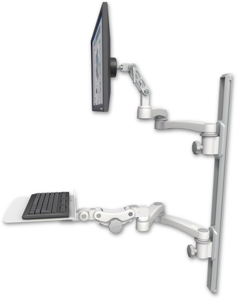 AccessMount™ Ultra 500 LCD mount on a 36" wall track with separate arms, a 12" flat paralink keyboard tray, and two 20" double-arms