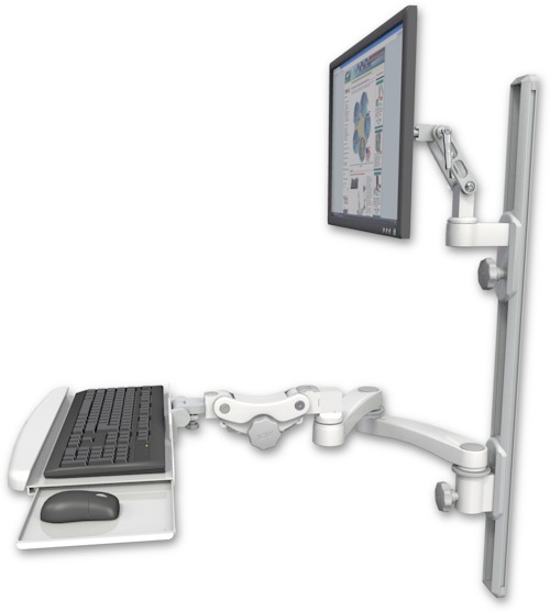 AccessMount™ Ultra 500 LCD mount on a 36" wall track with separate arms, a paralink keyboard tray w/ wrist rest bend, and a 20" double-arm