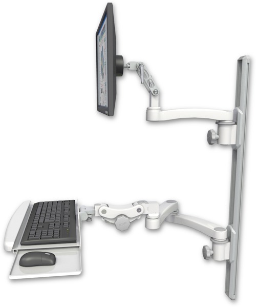 AccessMount™ Ultra 500 LCD mount on a 36" wall track with separate arms, a paralink keyboard tray w/ wrist rest bend, and an 11" arm and 20" double-arm