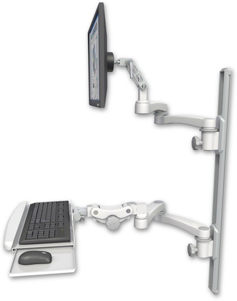 AccessMount™ Ultra 500 LCD mount on a 36" wall track with separate arms, a paralink keyboard tray w/ wrist rest bend, and two 20" double-arms