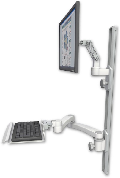 AccessMount™ Ultra 500 LCD mount on a 36" wall track with separate arms, a 12" keyboard tray, and a 20" double-arm