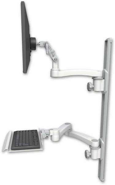 AccessMount™ Ultra 500 LCD mount on a 36" wall track with separate arms, a 12" keyboard tray, and an 11" arm and 20" double-arm