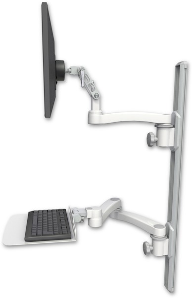 AccessMount™ Ultra 500 LCD mount on a 36" wall track with separate arms, a 12" flat keyboard tray, and an 11" arm and 20" double-arm
