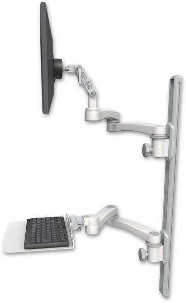 AccessMount™ Ultra 500 LCD mount on a 36" wall track with separate arms, a 12" flat keyboard tray, and two 20" double-arms