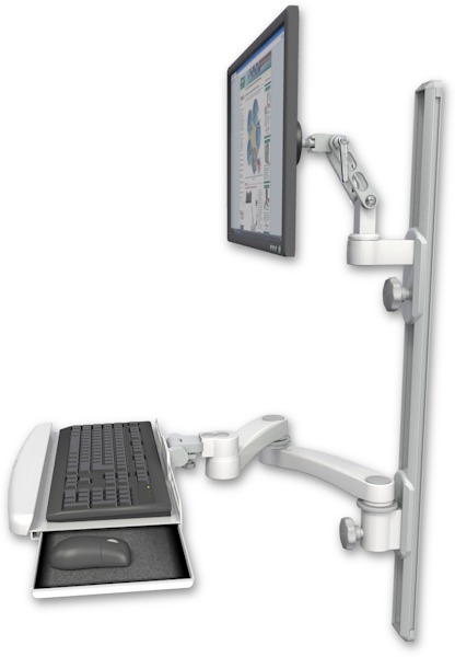 AccessMount™ Ultra 500 LCD mount on a 36" wall track with separate arms, a wrist-rest keyboard tray, and a 20" double-arm